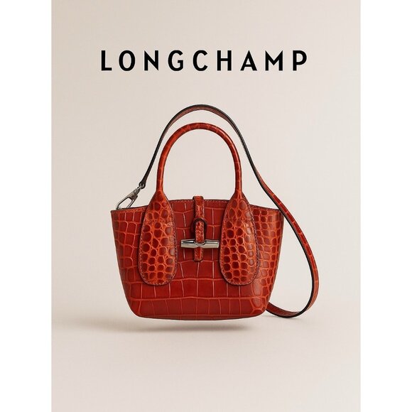 Longchamp Roseau Mine Croc Embossed Leather Shoulder Bag Marmalade Red NWT $495 - Picture 2 of 8